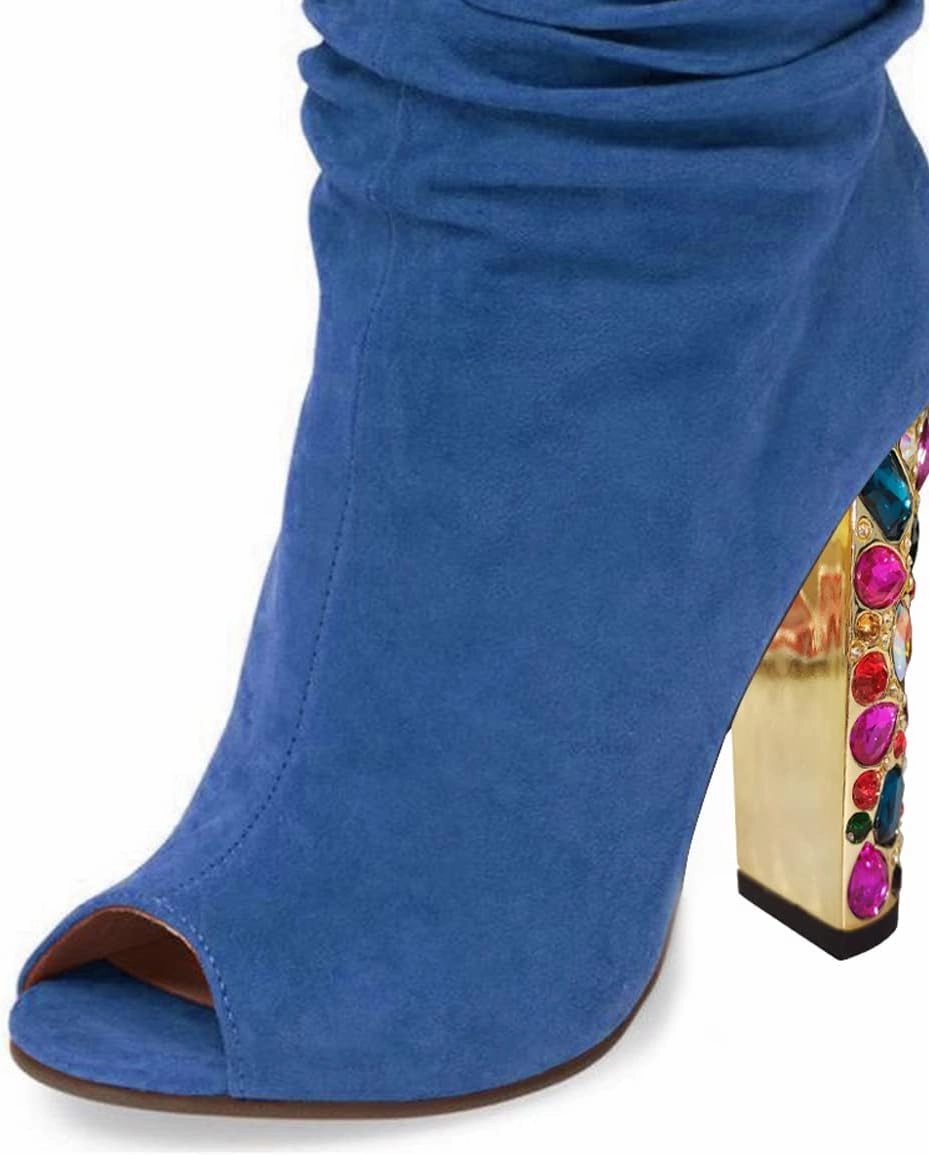 FSJ Women Fashion Slouch Ankle Boots Peep Toe Chunky High Heel Studded with Crystal Gem Heel Back Zipper Party Dress Walking Shoes Size 4-15 US