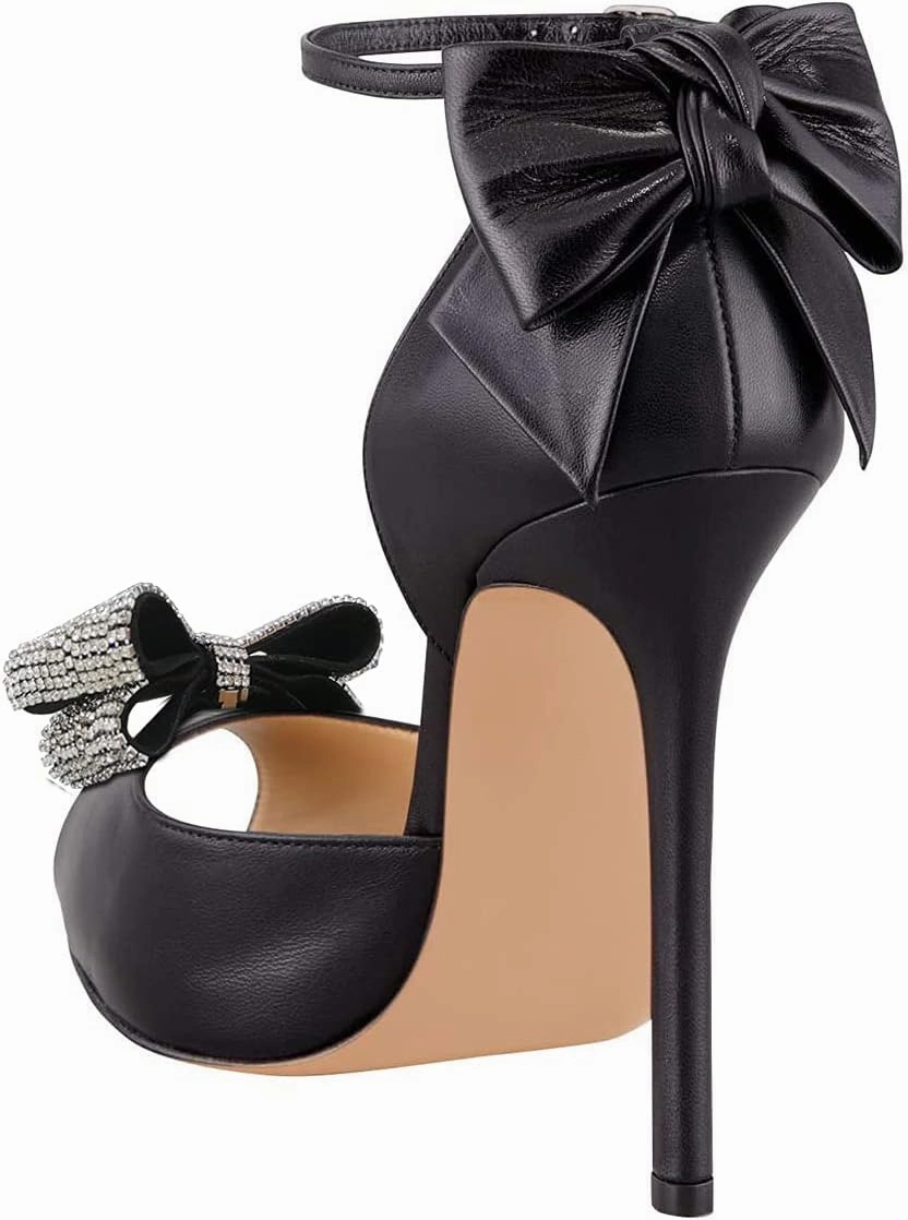 FSJ Women Stiletto High Heels Sandals Peep Toe Pumps Ankle Straps Bows Bridal Dress Party Shoes with Buckle Size 4-15 US