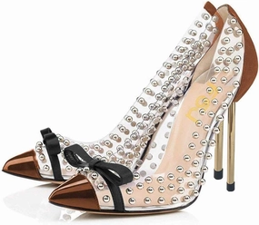 FSJ Women Studded Pointed Toe Transparent Pumps High Heels Shoes with Cute Bowknot US Size 4-15 M