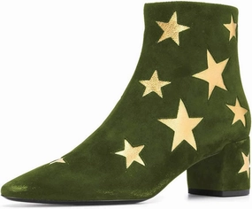 FSJ Women Western Square Toe Dressy Ankle Boot Gold Star Block Heel Faux Suede Zipper Short Bootie Size 4-15 US