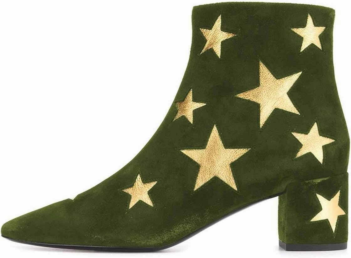 FSJ Women Western Square Toe Dressy Ankle Boot Gold Star Block Heel Faux Suede Zipper Short Bootie Size 4-15 US