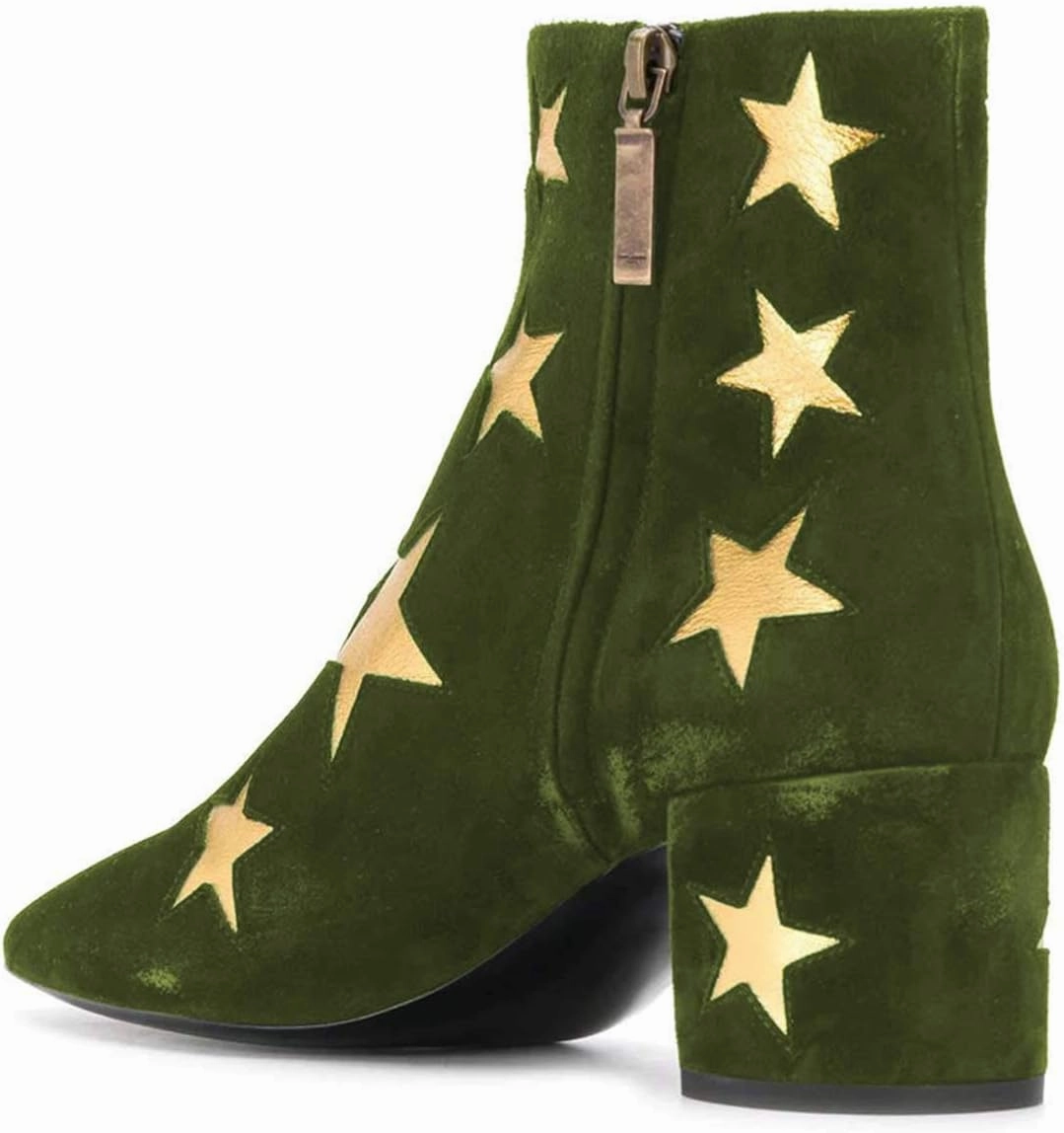 FSJ Women Western Square Toe Dressy Ankle Boot Gold Star Block Heel Faux Suede Zipper Short Bootie Size 4-15 US