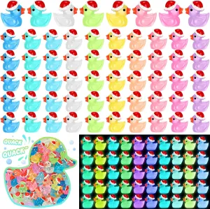 Fumete 200 Pcs Christmas Mini Resin Tiny Duck Figures Miniature Christmas Hat Duck Micro Landscape Garden Dollhouse Decor Charms Beads for Xmas Accessories DIY Craft Supplies(Colorful,Lighted)
