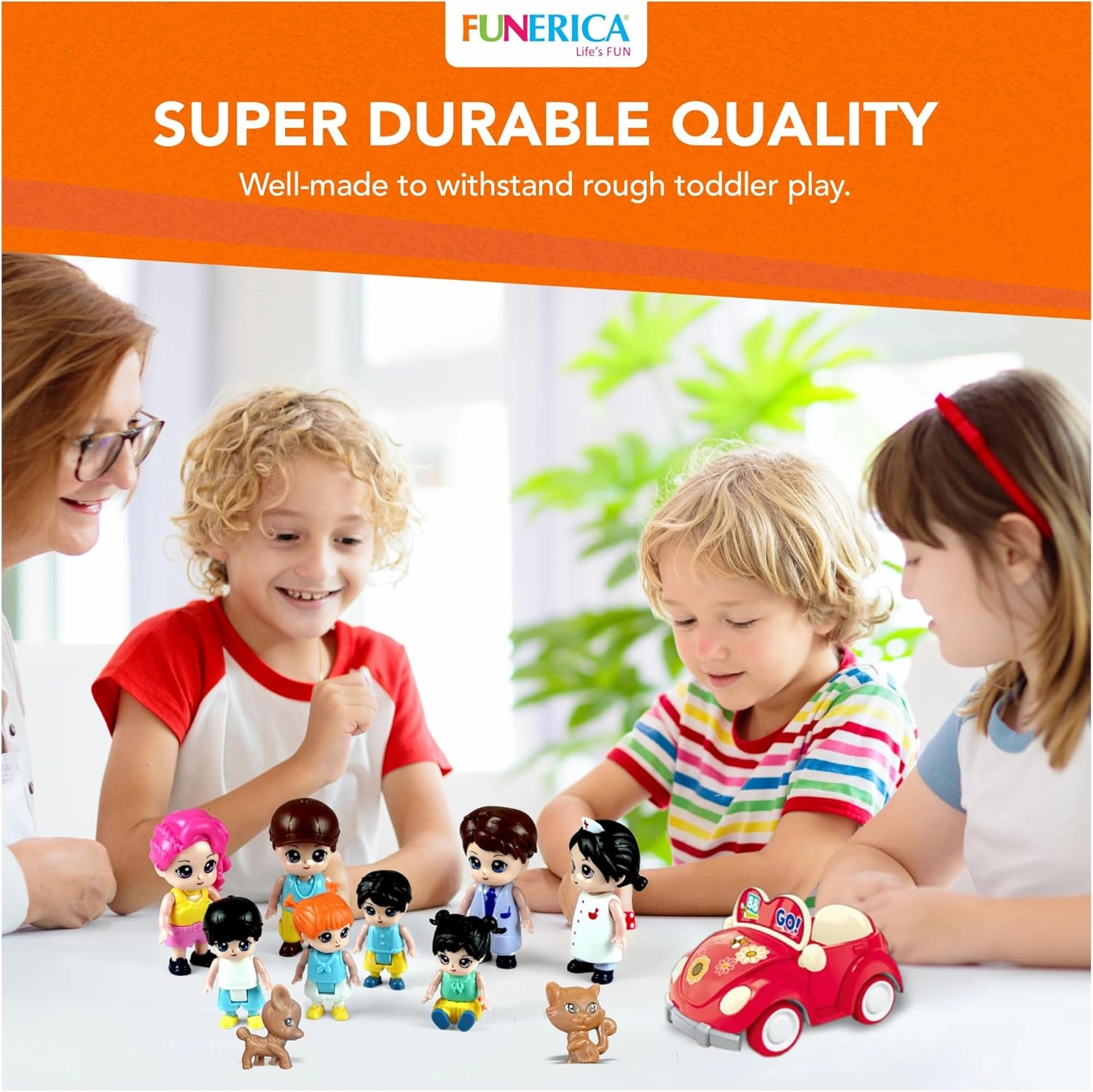 FUNERICA Dollhouse People Figures Playset - Dollhouse Family Little Play Figurines Doll House Accessories Toys -(Family Figures with Car, Pets, Doctor & Nurse)