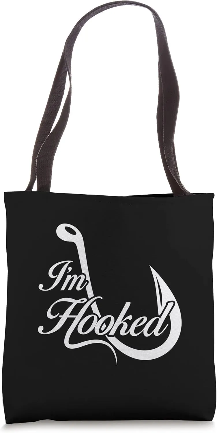FUNNY FISHING SHIRT. I'M HOOKED. FISHING HOOK, LURE. Tote Bag