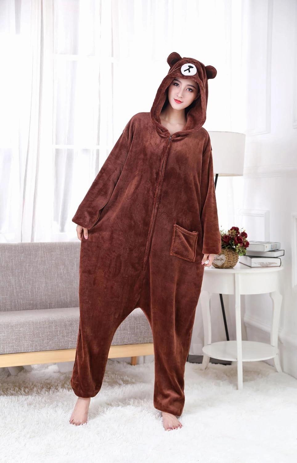 Funny Cozy Brown Color Bear Kigurumi Onesie Pajamas with Zipper For Adults Cosplay Costumes Pjs Sleepwear Unisex Suits