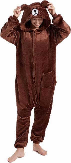 Funny Cozy Brown Color Bear Kigurumi Onesie Pajamas with Zipper For Adults Cosplay Costumes Pjs Sleepwear Unisex Suits