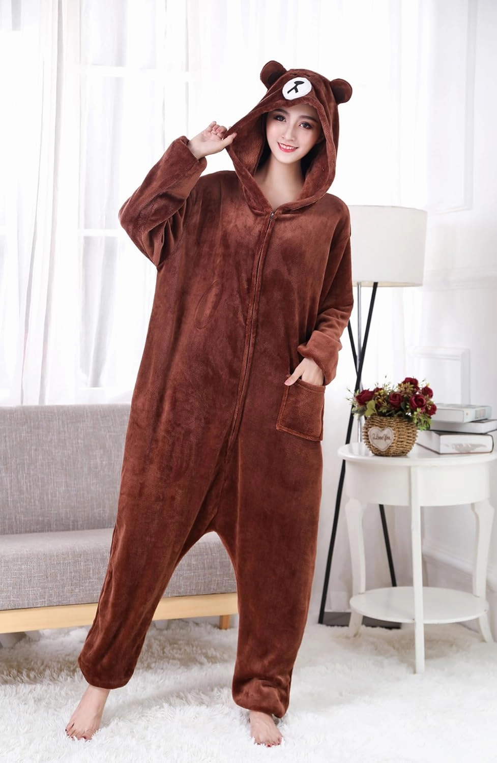 Funny Cozy Brown Color Bear Kigurumi Onesie Pajamas with Zipper For Adults Cosplay Costumes Pjs Sleepwear Unisex Suits