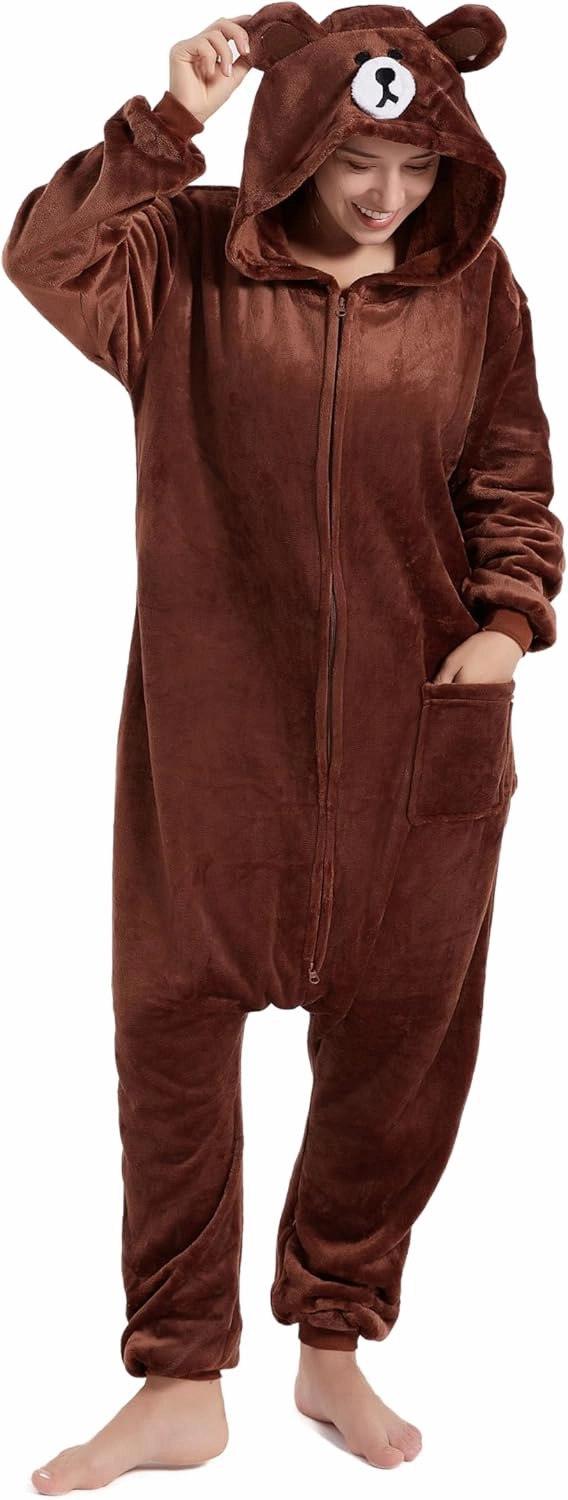 Funny Cozy Brown Color Bear Kigurumi Onesie Pajamas with Zipper For Adults Cosplay Costumes Pjs Sleepwear Unisex Suits