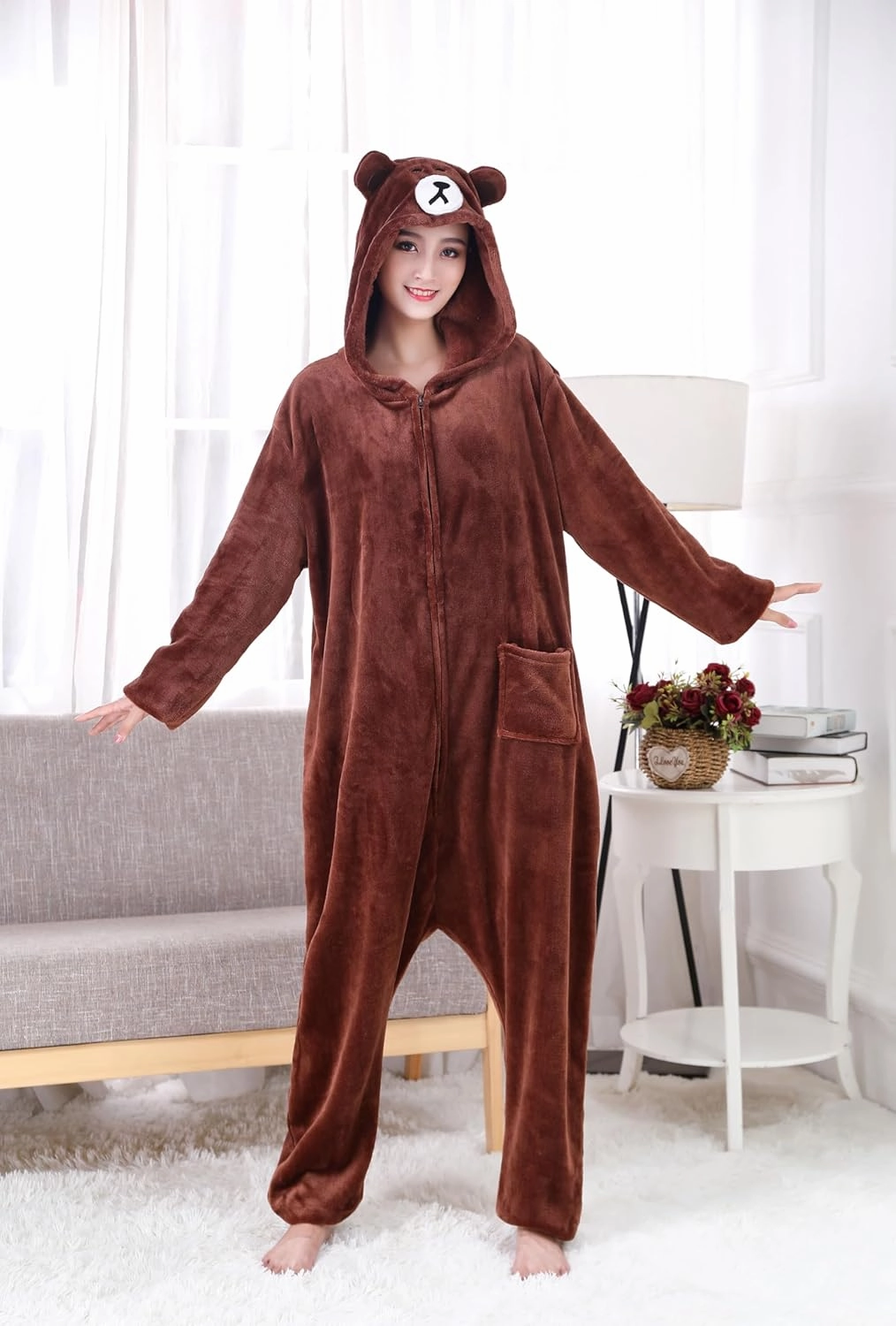Funny Cozy Brown Color Bear Kigurumi Onesie Pajamas with Zipper For Adults Cosplay Costumes Pjs Sleepwear Unisex Suits