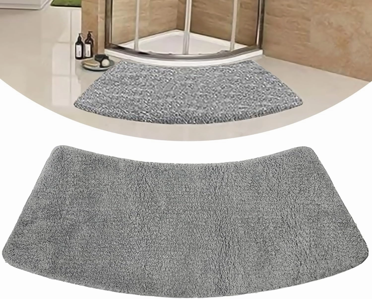 Funvalley Surperfect Grey Shag Curved Bath Rug,40''x19'' Non Slip Bath Mat for Bathroom Luxury Chenille Bathroom Corner Rug for Showers Floor Tub Soft and Absorbent Machine Washable
