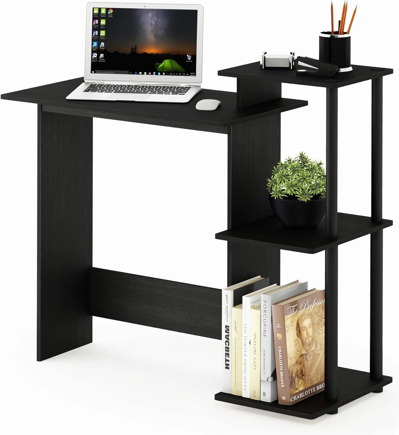 Furinno Efficient Home Laptop Notebook Computer Desk with Square Shelves, Americano/Black