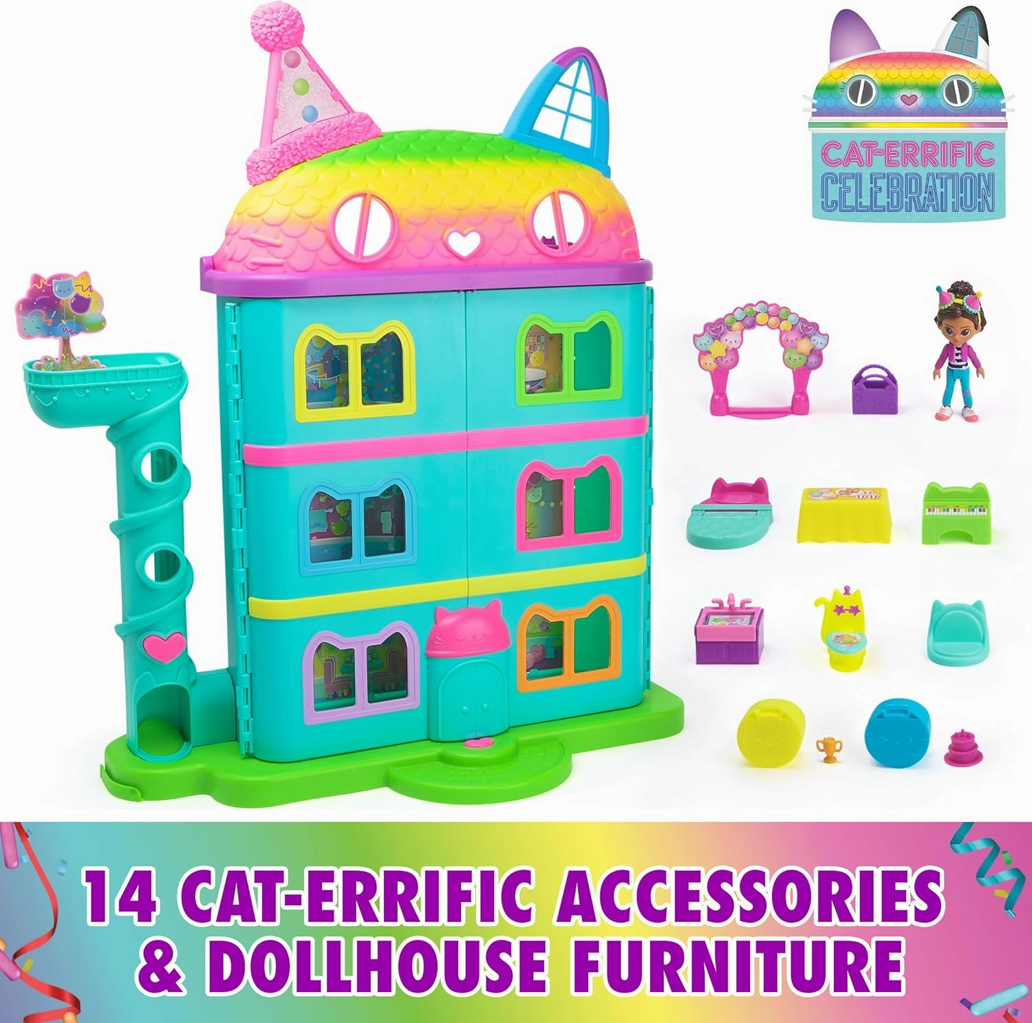 Gabby's Dollhouse, 14 Pc Celebration Dollhouse, 25-Inches Tall, with Toy Figures, Doll House Furniture & 10 Sounds, Kids Toys for Girls & Boys Ages 3 