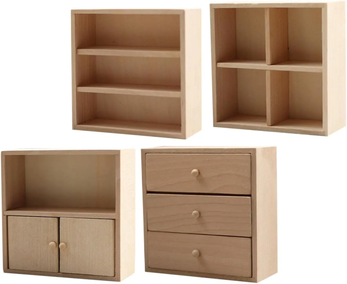 Gadpiparty 4pcs Miniature Wooden Furniture DIY Dollhouse Cabinet Realistic Bookshelf Sturdy Craft Storage for Miniature Scenes Dollhouse Accessories