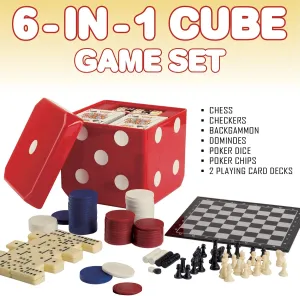 Gamie 6-in-1 Dice Cube Game Set Board Game and Casino Set–Includes Chess, Checkers and Backgammon, 2 Decks of Playing Cards, Poker Chips, Poker Dice and Dominoes-Complete Kit for Family Fun