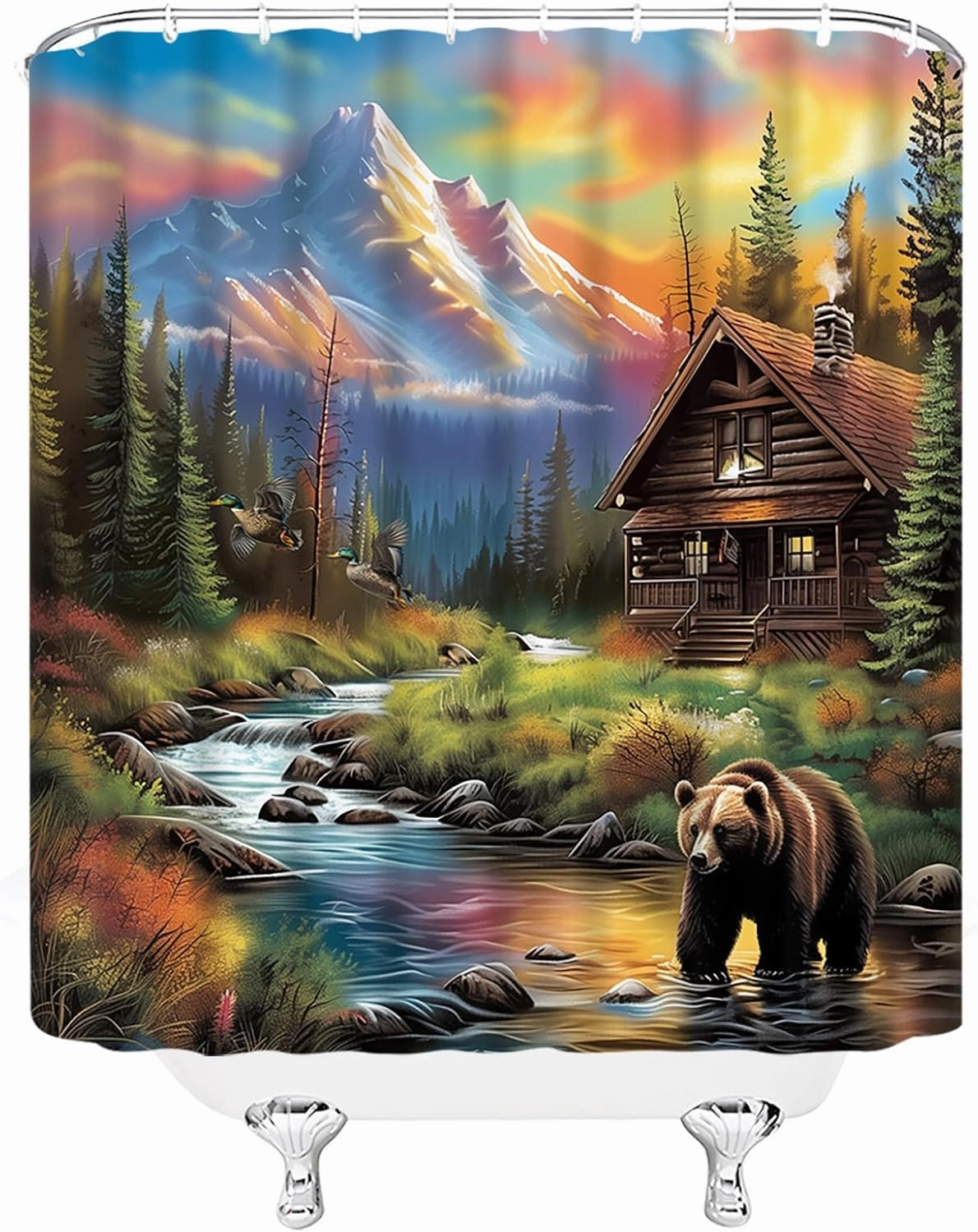 GCTNBJL Forest Cabin Bear Shower Curtain Rustic Wild Animal Bear Jungle Lodge Country Hunting 70x78(WxH) Inches Bathroom Decor Fabric Curtain with Hooks
