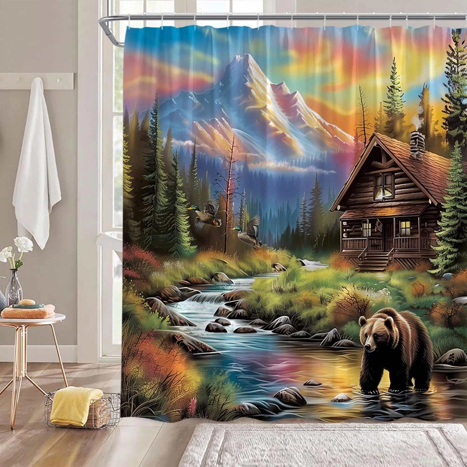GCTNBJL Forest Cabin Bear Shower Curtain Rustic Wild Animal Bear Jungle Lodge Country Hunting 70x78(WxH) Inches Bathroom Decor Fabric Curtain with Hooks