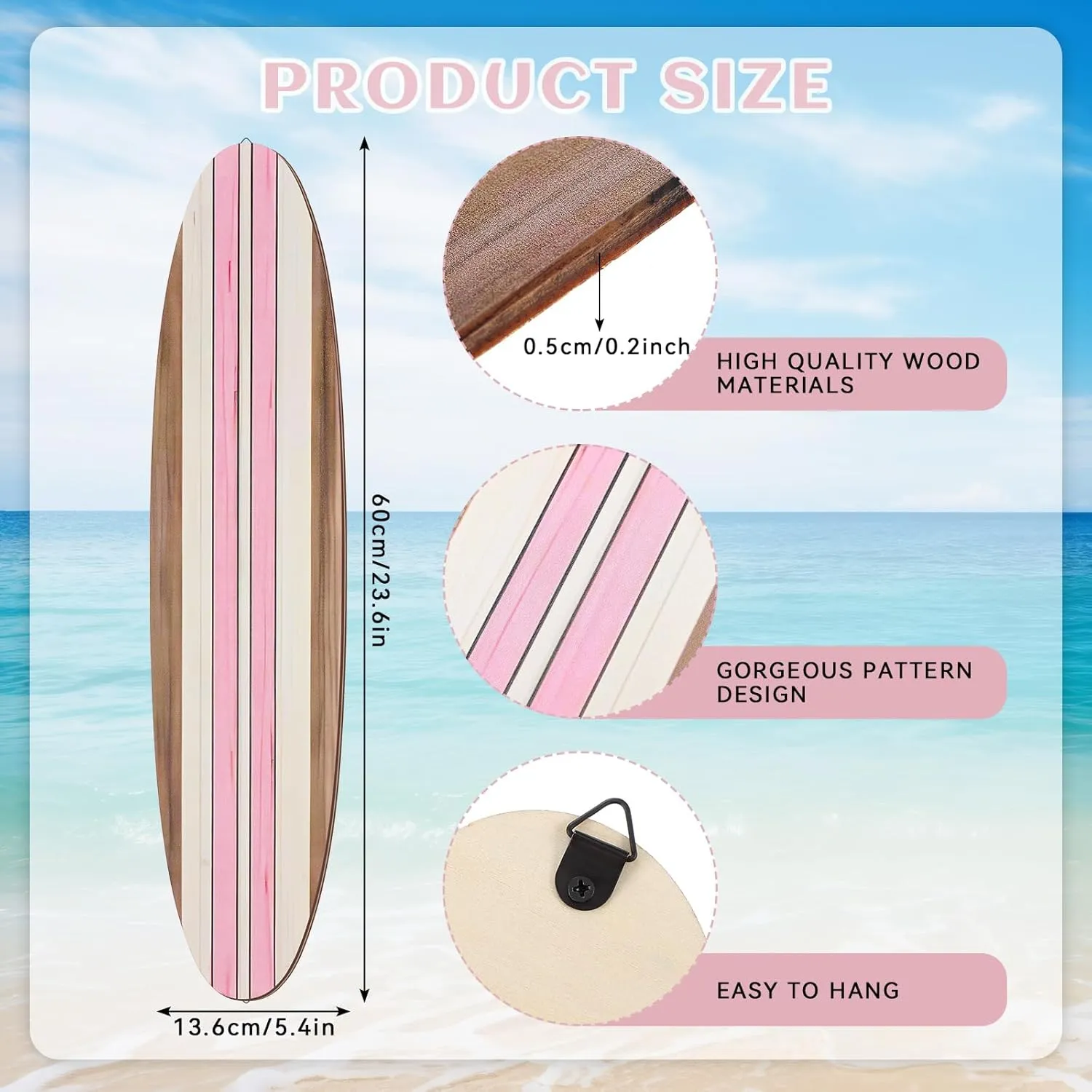 Gerrii 3 Pieces Surfboard Wall Decor 23.6" x 5.4" Preppy Beach Room Decor Aesthetic Large Wooden Cute Beachy Tropical Wall Art for Surfer Bedroom Living Room Bathroom Decorations(Pink)