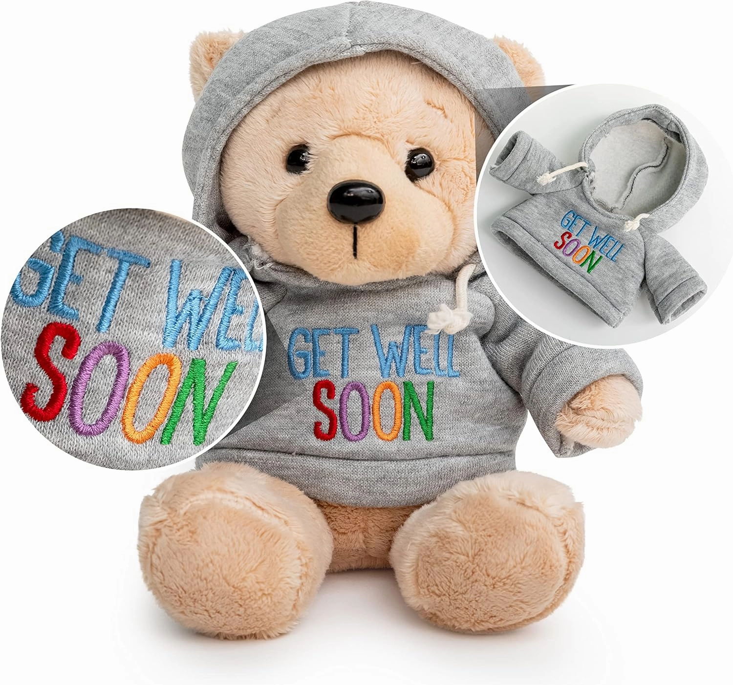Get Well Teddy Bear with Gray Hoodie 9 Stuffed Animal Plushie Doll for Comfort and Love with Get Well Soon Card (Tan Nose)