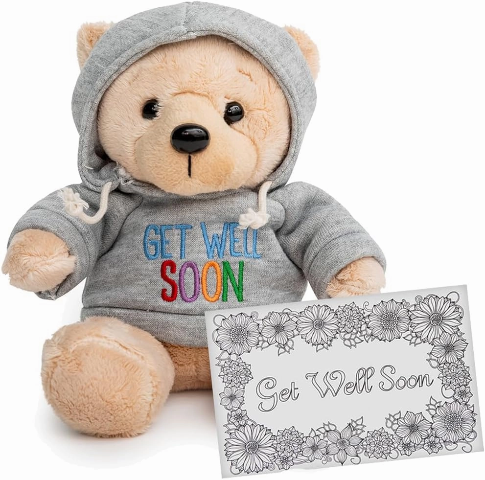 Get Well Teddy Bear with Gray Hoodie 9 Stuffed Animal Plushie Doll for Comfort and Love with Get Well Soon Card (Tan Nose)