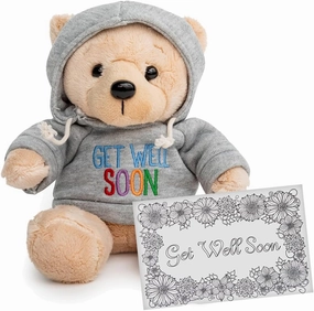 Get Well Teddy Bear with Gray Hoodie 9 Stuffed Animal Plushie Doll for Comfort and Love with Get Well Soon Card (Tan Nose)