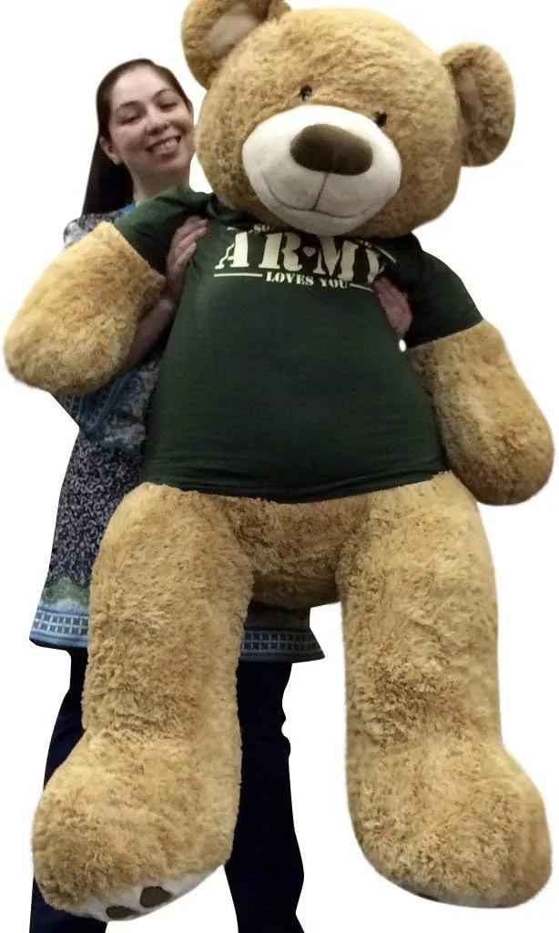Giant 5 Foot Romantic Teddy Bear Wearing Tshirt That Says Somebody in The Army Loves You Big Military Teddy Bear
