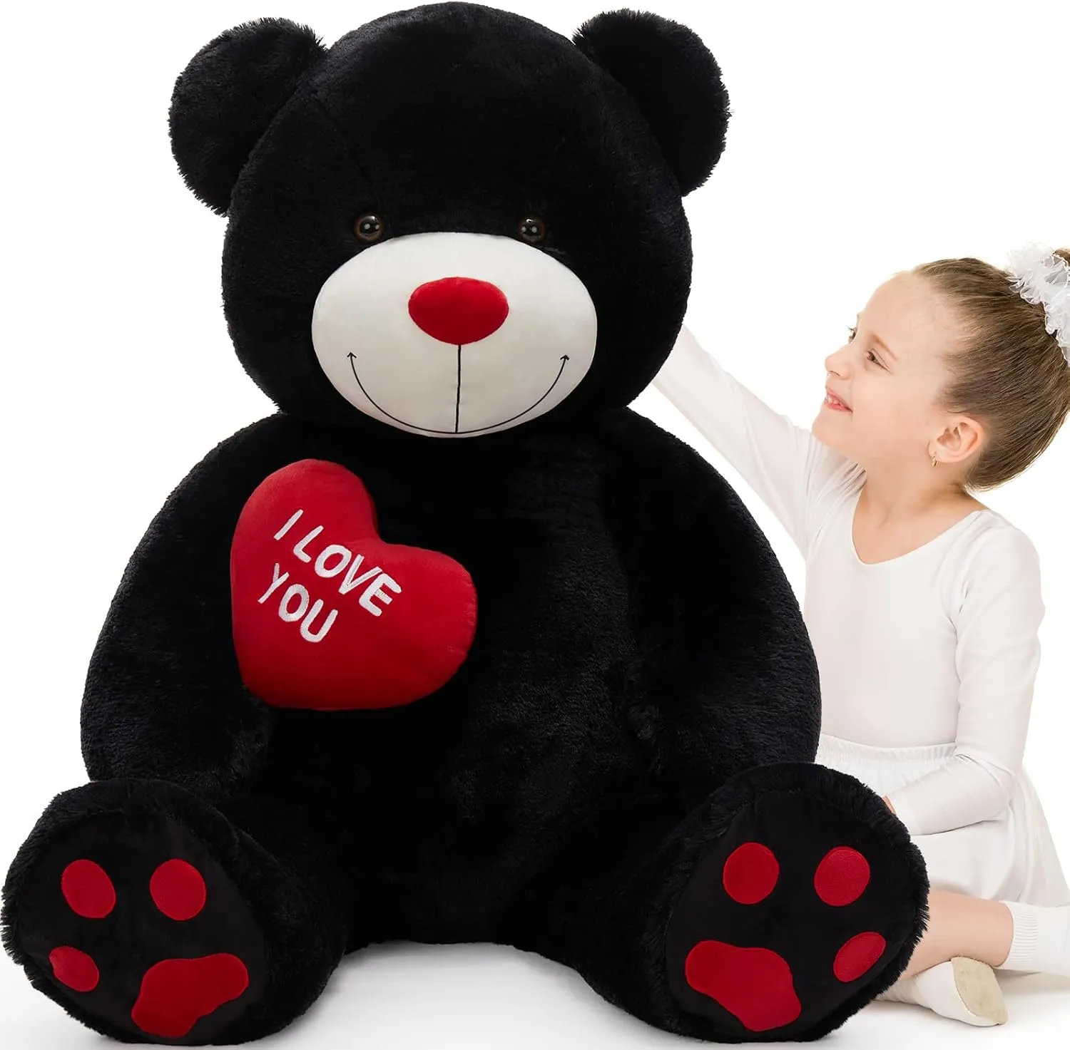 Giant Teddy Bear, 52" Stuffed Animal with Heart, Large Black Plush Toy for Kids, I Love You Valentines Bear Gift