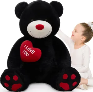 Giant Teddy Bear, 52" Stuffed Animal with Heart, Large Black Plush Toy for Kids, I Love You Valentines Bear Gift
