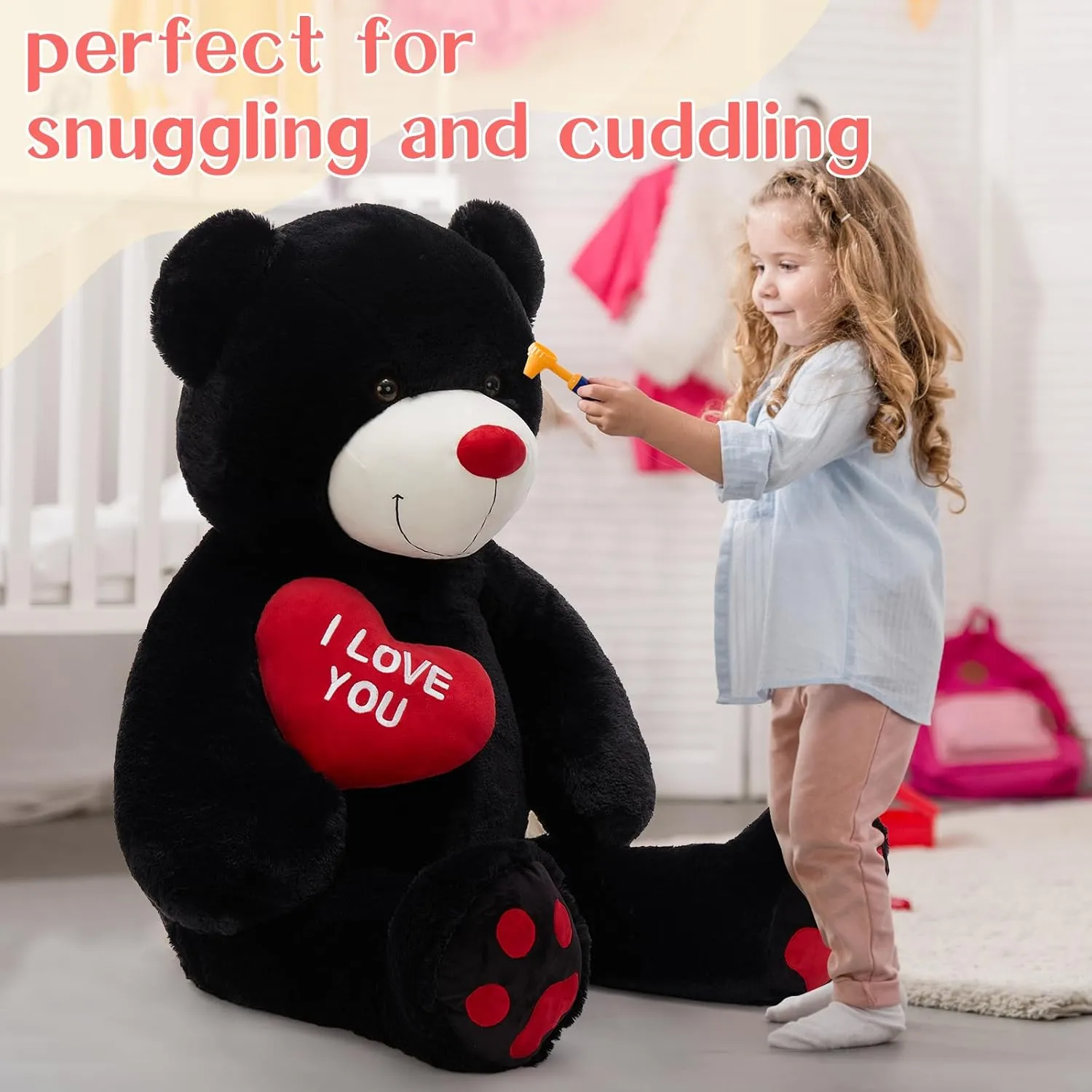 Giant Teddy Bear, 52" Stuffed Animal with Heart, Large Black Plush Toy for Kids, I Love You Valentines Bear Gift