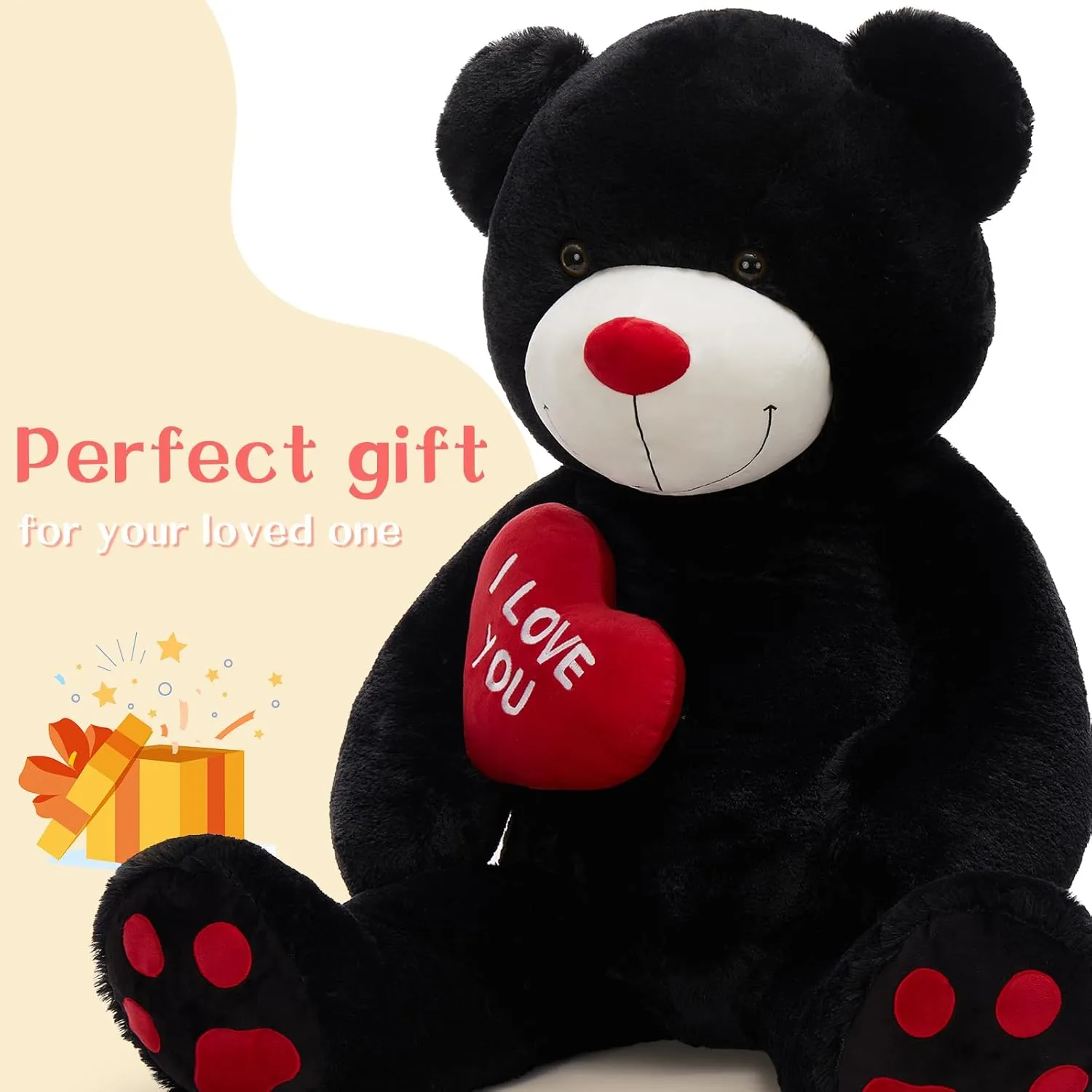 Giant Teddy Bear, 52" Stuffed Animal with Heart, Large Black Plush Toy for Kids, I Love You Valentines Bear Gift