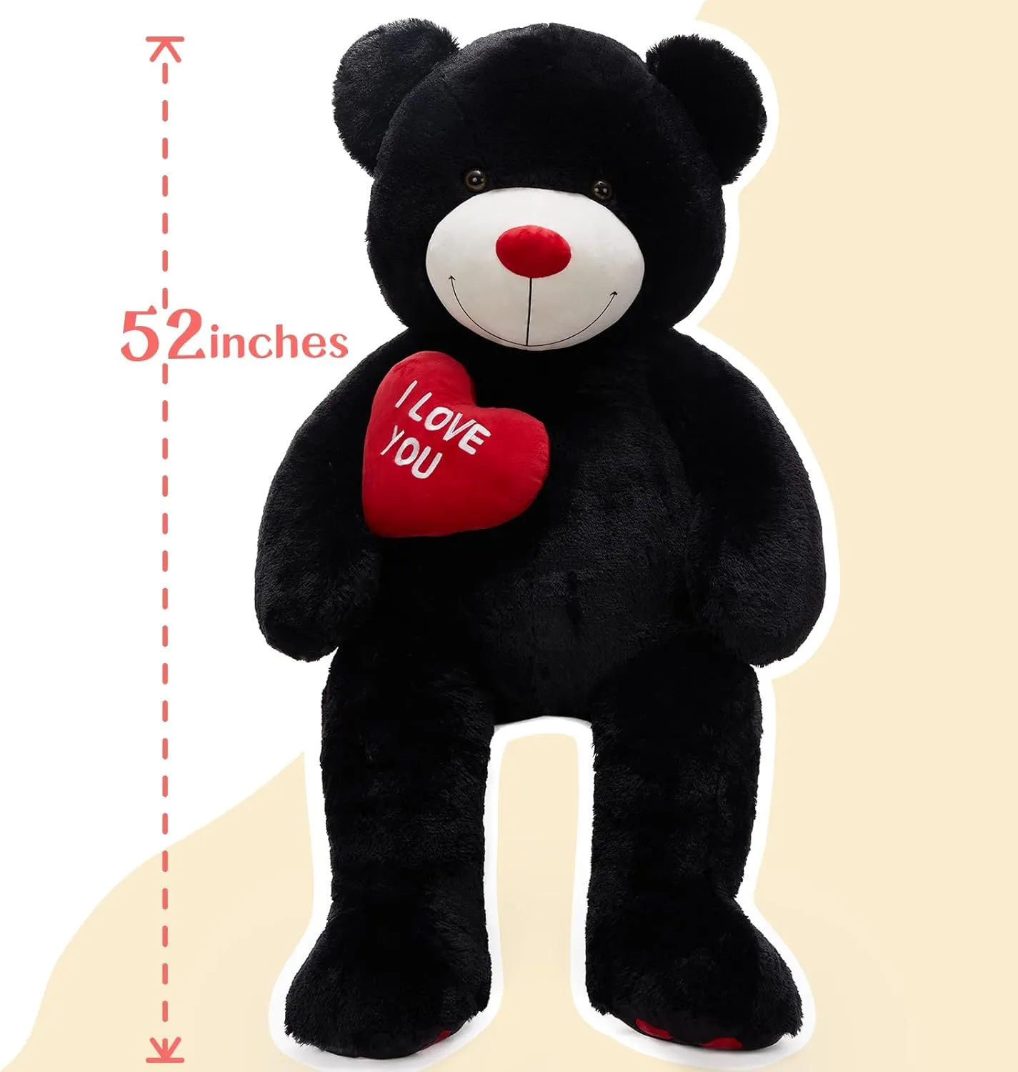 Giant Teddy Bear, 52" Stuffed Animal with Heart, Large Black Plush Toy for Kids, I Love You Valentines Bear Gift