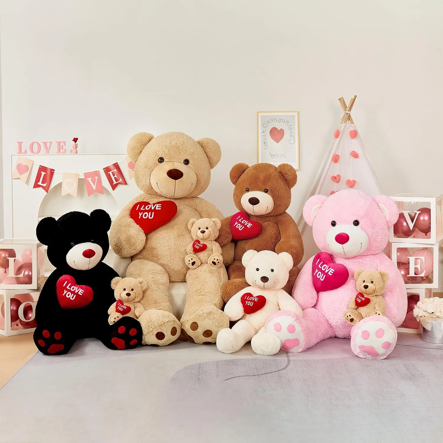 Giant Teddy Bear, 52" Stuffed Animal with Heart, Large Black Plush Toy for Kids, I Love You Valentines Bear Gift