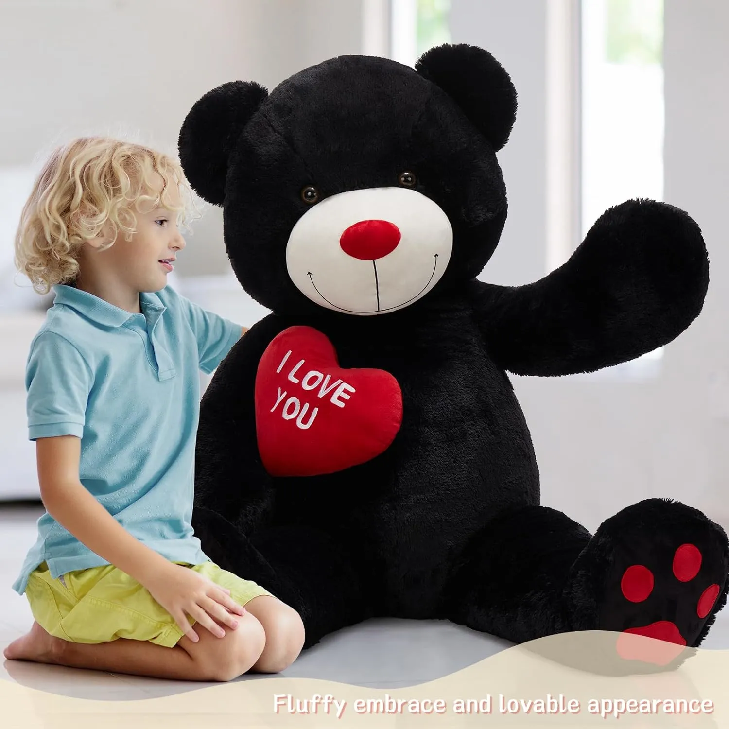 Giant Teddy Bear, 52" Stuffed Animal with Heart, Large Black Plush Toy for Kids, I Love You Valentines Bear Gift
