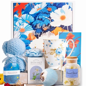 Gift Sets for Women Luxury Unique Relaxing Spa Gift Baskets Self Care Gift Box, Birthday Gift for Her Mom Sister Wife Best Friend, Mug Teddy Bear Towel 3D Jasmine Scented Candle Rose Bath Salt, Valentine's Mother's Day Blue