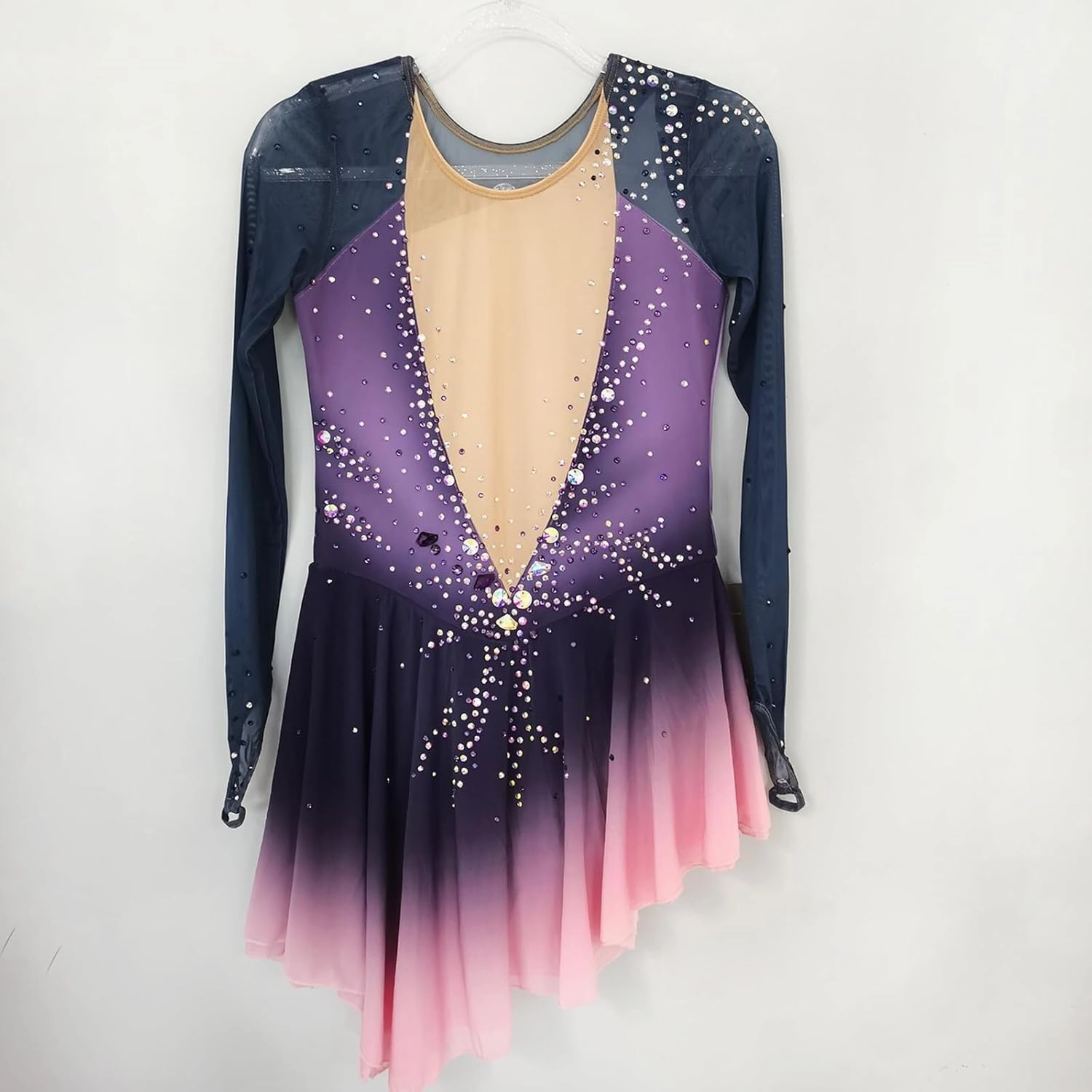 Girl's Long Sleeved Purple Gradient Figure Skating Dress Elegant Figure Skating Skirt for Performance and Practice