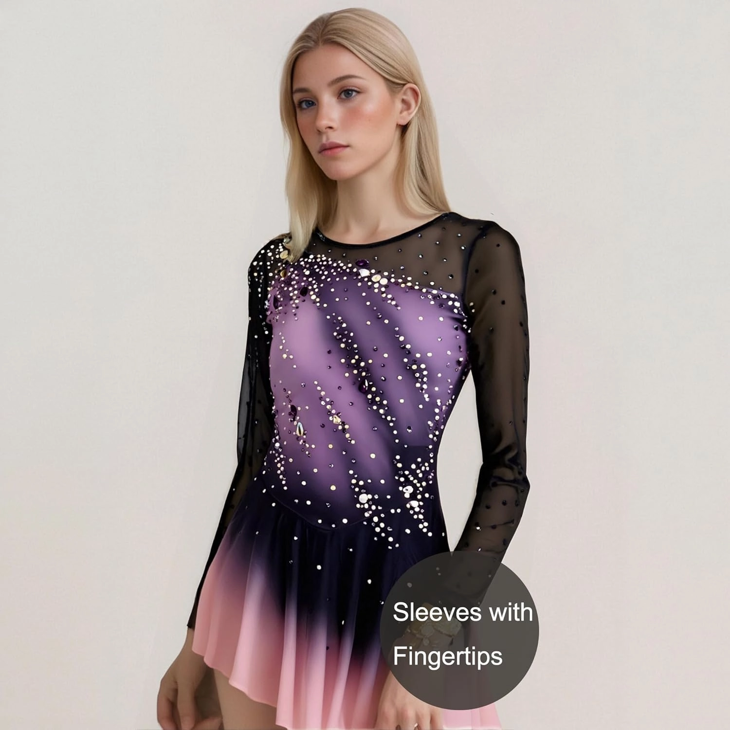 Girl's Long Sleeved Purple Gradient Figure Skating Dress Elegant Figure Skating Skirt for Performance and Practice