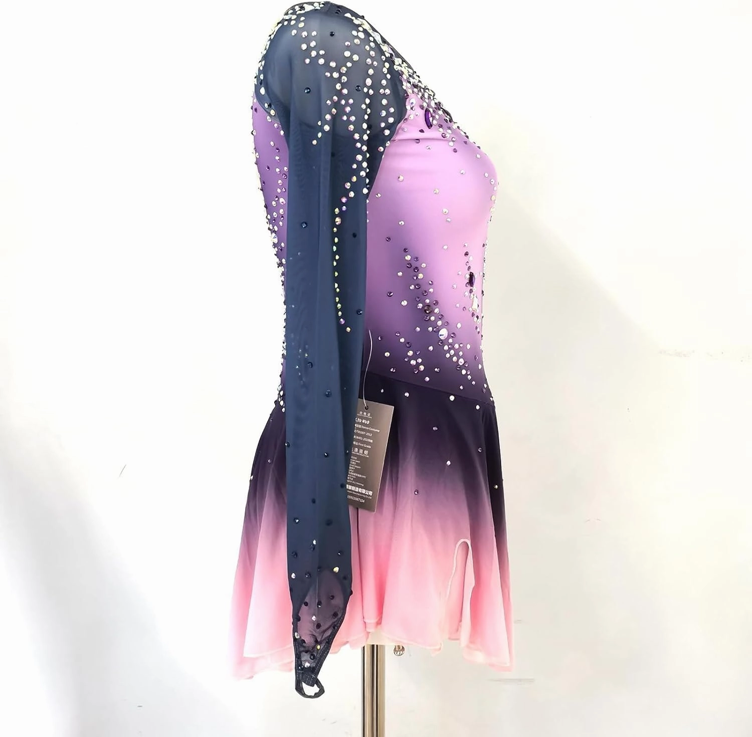 Girl's Long Sleeved Purple Gradient Figure Skating Dress Elegant Figure Skating Skirt for Performance and Practice