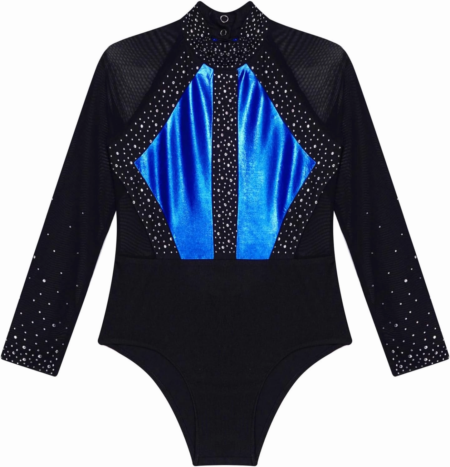 Girls Long Sleeves Shiny Rhinestones Mesh Patchwork Ballet Dance Leotard Gymnastics Figure Skating Bodysuit
