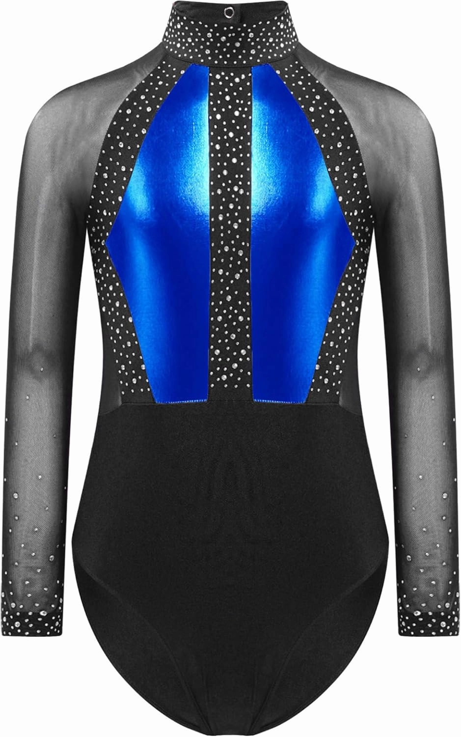 Girls Long Sleeves Shiny Rhinestones Mesh Patchwork Ballet Dance Leotard Gymnastics Figure Skating Bodysuit