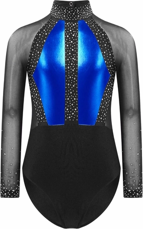 Girls Long Sleeves Shiny Rhinestones Mesh Patchwork Ballet Dance Leotard Gymnastics Figure Skating Bodysuit