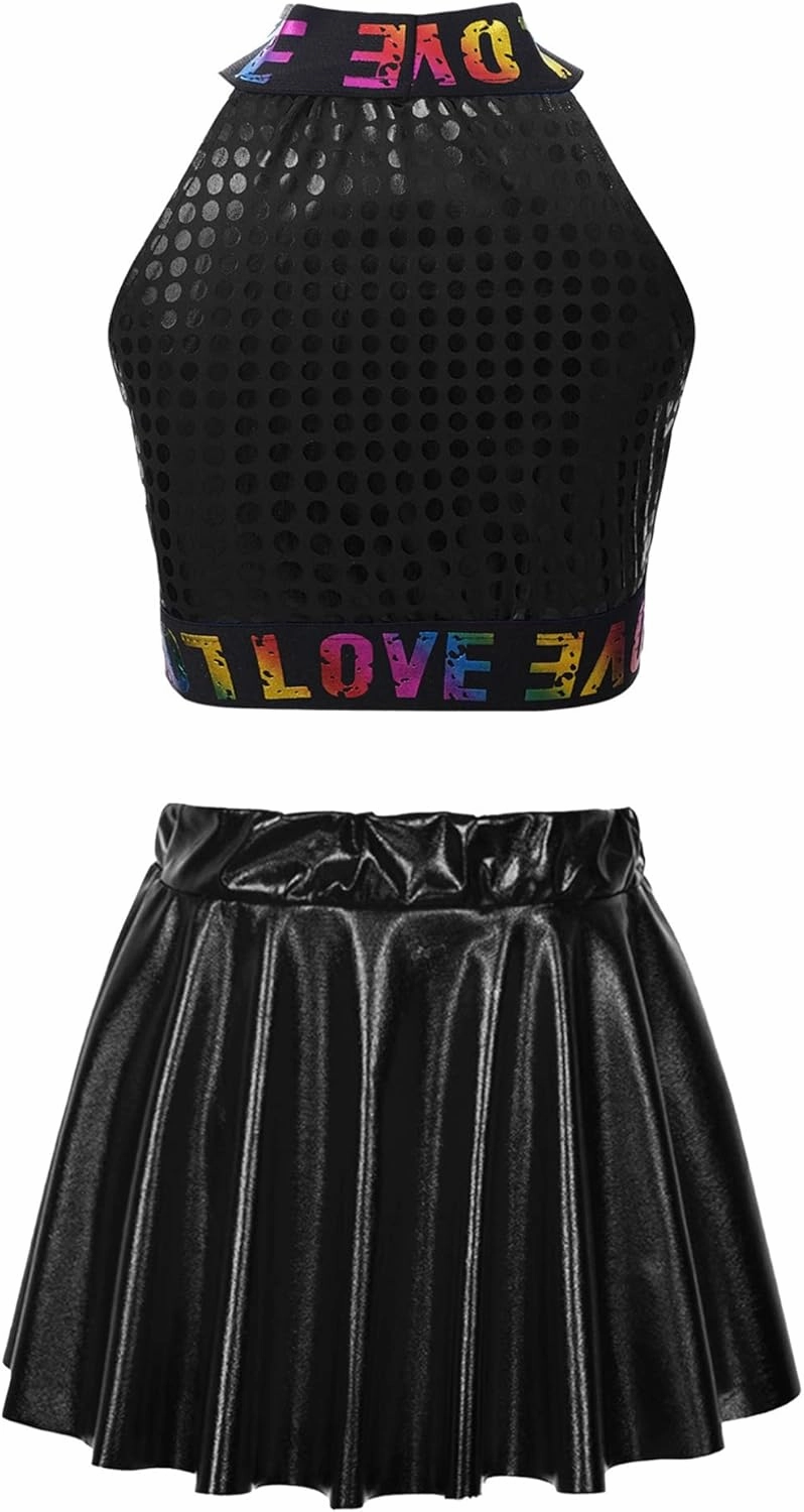 Girls Sequins Ballet Dance Dress Hip Hop Jazz Latin Dance Crop Top with Metallic Skort Skirt Salsa Samba Costume