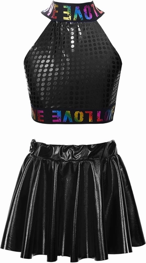 Girls Sequins Ballet Dance Dress Hip Hop Jazz Latin Dance Crop Top with Metallic Skort Skirt Salsa Samba Costume