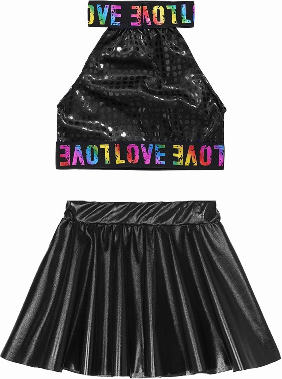 Girls Sequins Ballet Dance Dress Hip Hop Jazz Latin Dance Crop Top with Metallic Skort Skirt Salsa Samba Costume