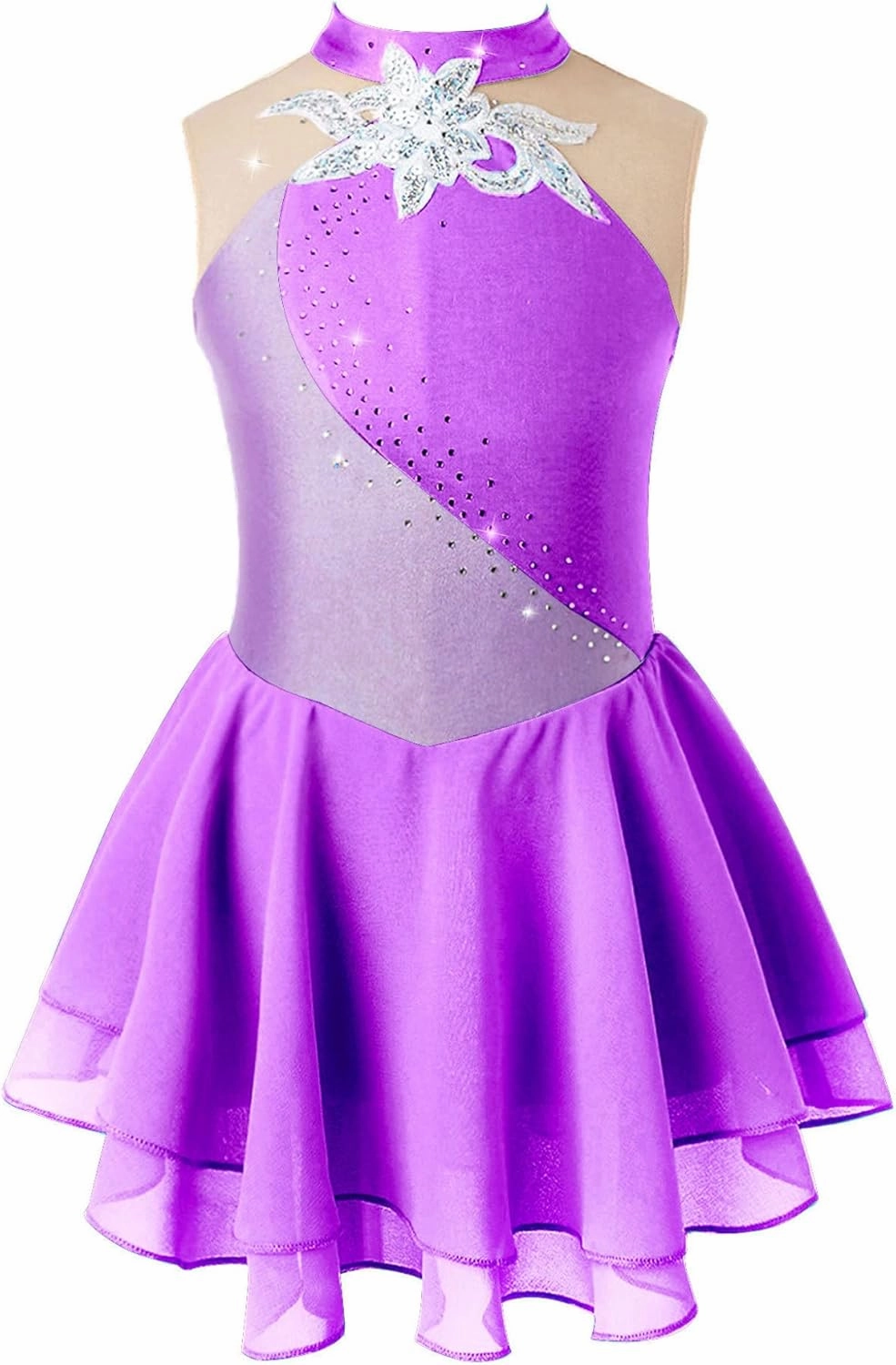 Girls Sequins Ballet Figure Ice Skating Dress Kids Sleeveless Floral Printed Tutu Skirted Leotard Dance Costume Purple 10 Years