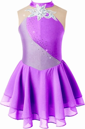 Girls Sequins Ballet Figure Ice Skating Dress Kids Sleeveless Floral Printed Tutu Skirted Leotard Dance Costume Purple 10 Years