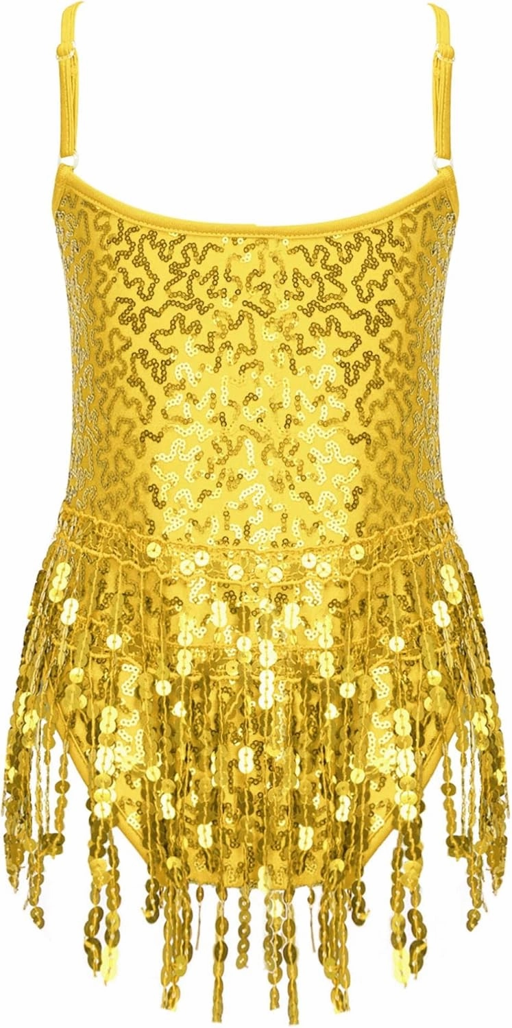 Girls Sequins Tassel Hem Latin Dance Dress Leotard Skirt Jazz Rumba Samba Salsa Dance Costumes for Kids Dancewear