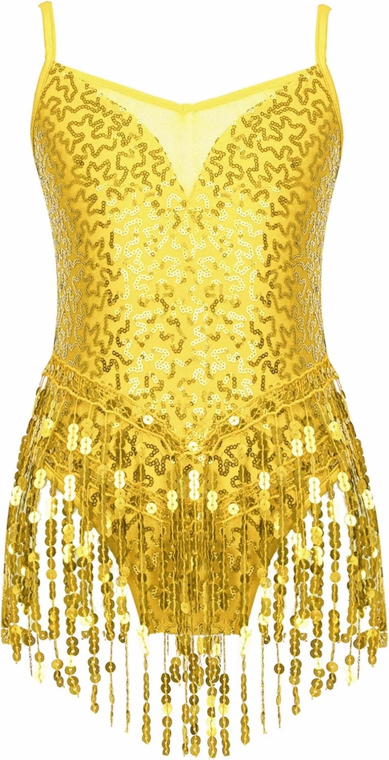 Girls Sequins Tassel Hem Latin Dance Dress Leotard Skirt Jazz Rumba Samba Salsa Dance Costumes for Kids Dancewear