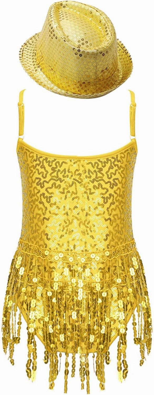 Girls Sequins Tassel Hem Latin Dance Dress Leotard Skirt Jazz Rumba Samba Salsa Dance Costumes for Kids Dancewear