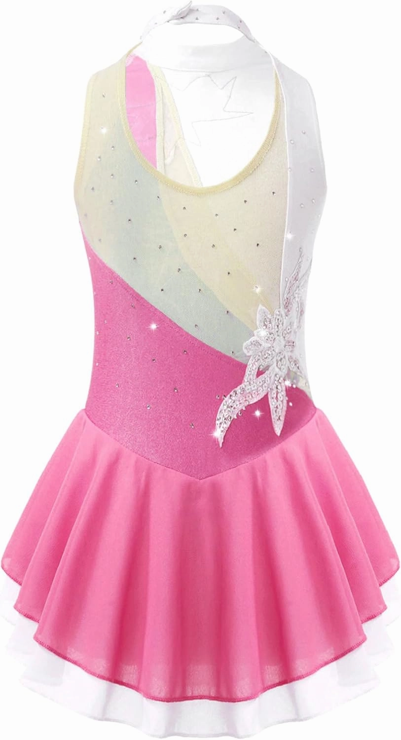 Girls Shiny Sequins Sleeveless Figure Ice Skating Dress Dance Gymnastics Leotard Performance Dancewear