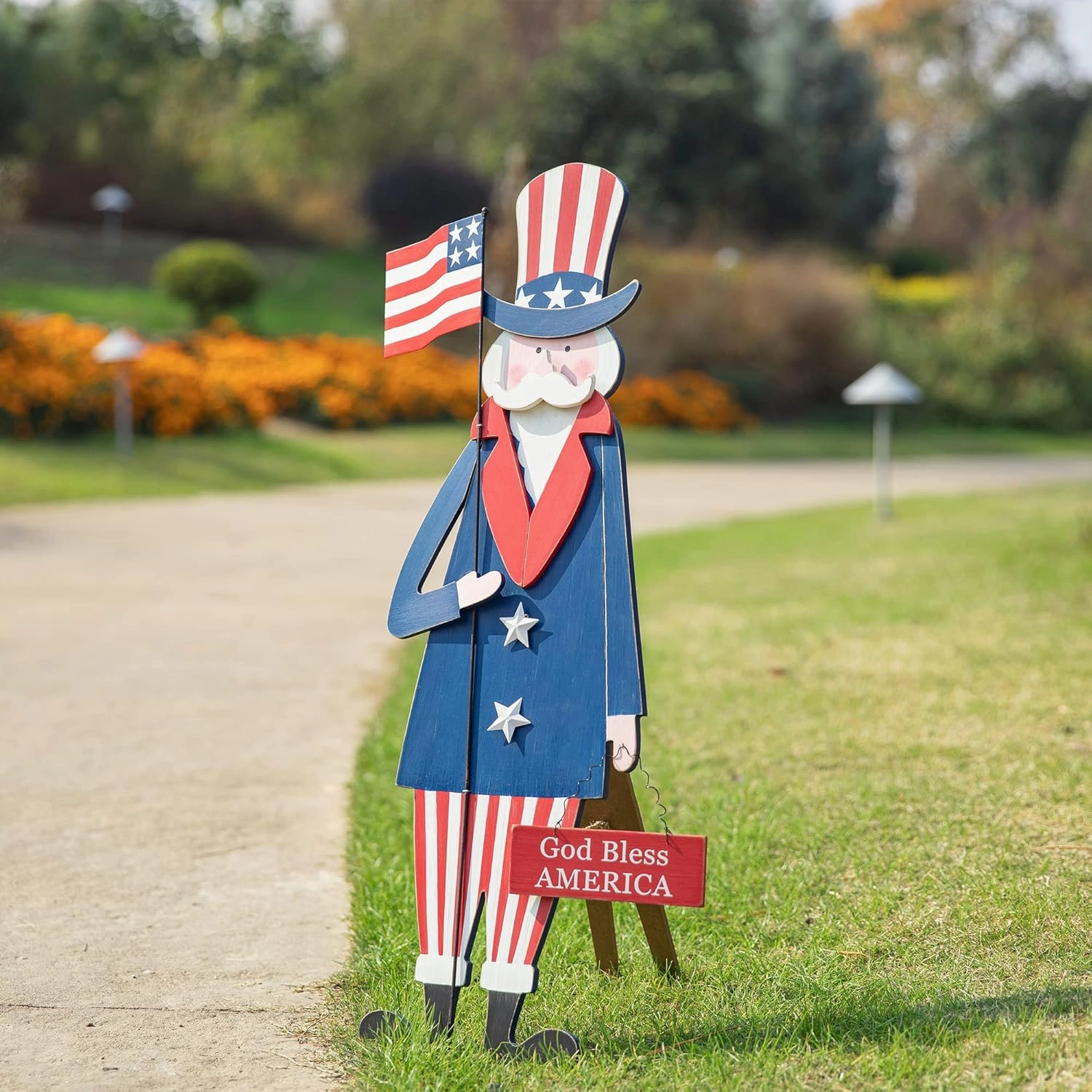 Glitzhome 36" H Wooden Uncle Sam Patriotic Garden Yard Stake, 4th of July Wall Decor/Porch Decor for Home Yard Front Door National Day Decoration